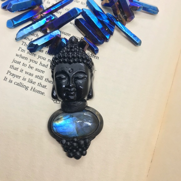 Statement Piece Art to Wear Buddha with Labradorite and Aqua Aura crystals. - Picture 4 of 5